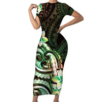 Polynesian Art Tattoo Family Matching Short Sleeve Bodycon Dress and Hawaiian Shirt Plumeria Flowers Green Gradient LT05 Mom's Dress Green - Polynesian Pride