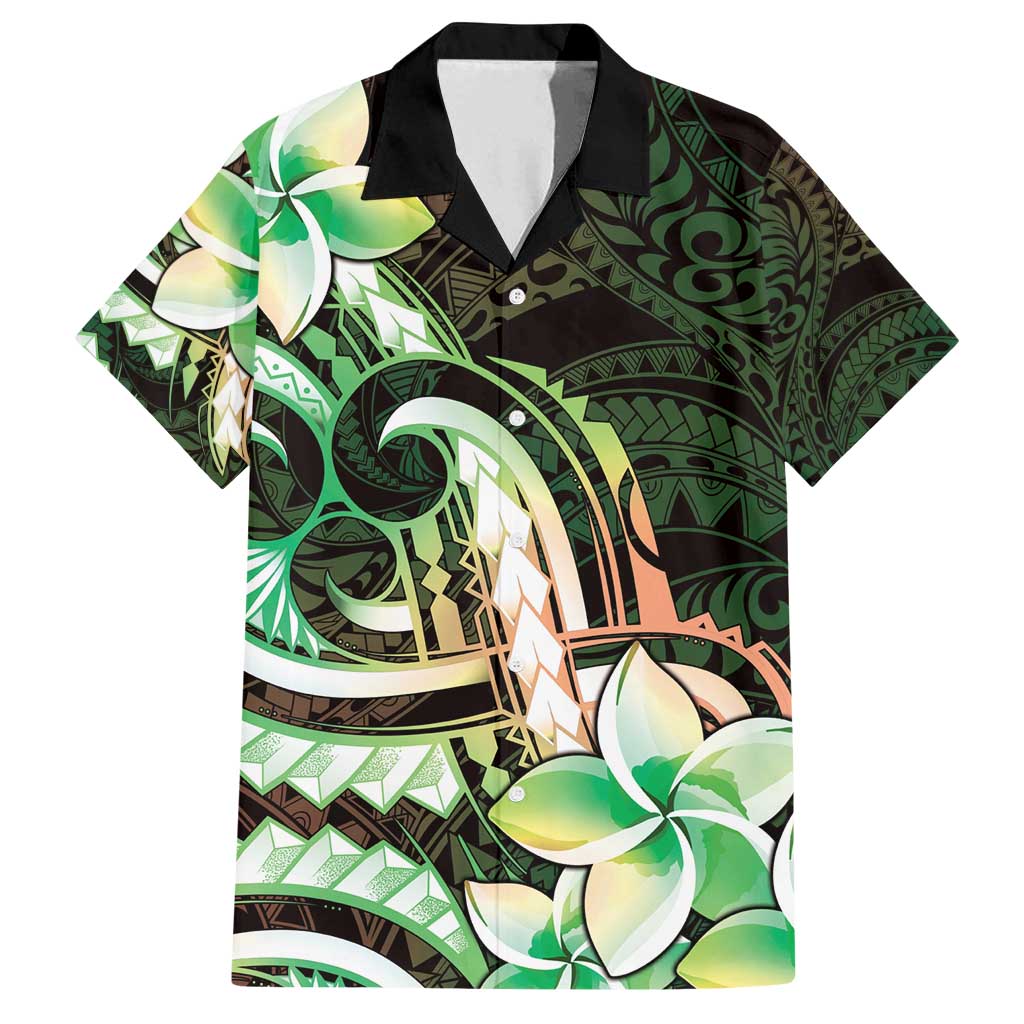 Polynesian Art Tattoo Family Matching Summer Maxi Dress and Hawaiian Shirt Plumeria Flowers Green Gradient LT05 Dad's Shirt - Short Sleeve Green - Polynesian Pride