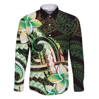 Polynesian Art Tattoo Family Matching Summer Maxi Dress and Hawaiian Shirt Plumeria Flowers Green Gradient LT05 Dad's Shirt - Long Sleeve Green - Polynesian Pride