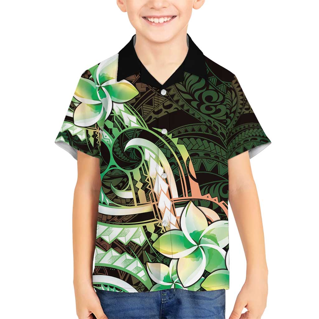 Polynesian Art Tattoo Family Matching Summer Maxi Dress and Hawaiian Shirt Plumeria Flowers Green Gradient LT05 Son's Shirt Green - Polynesian Pride