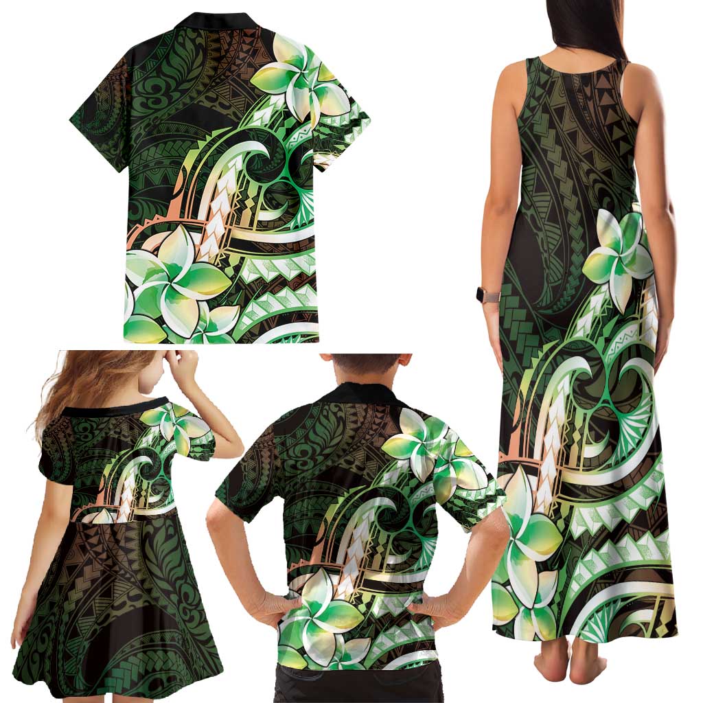 Polynesian Art Tattoo Family Matching Tank Maxi Dress and Hawaiian Shirt Plumeria Flowers Green Gradient LT05 - Polynesian Pride