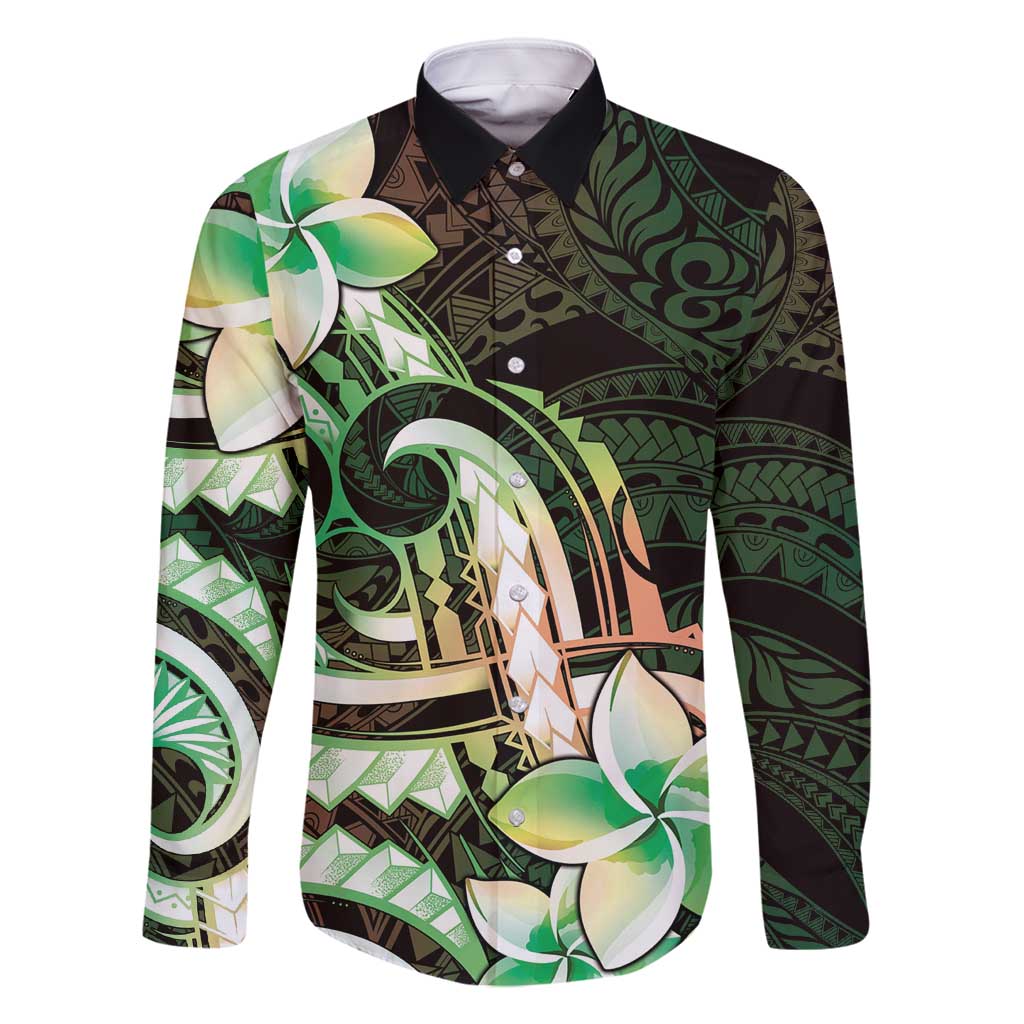 Polynesian Art Tattoo Family Matching Tank Maxi Dress and Hawaiian Shirt Plumeria Flowers Green Gradient LT05 Dad's Shirt - Long Sleeve Green - Polynesian Pride