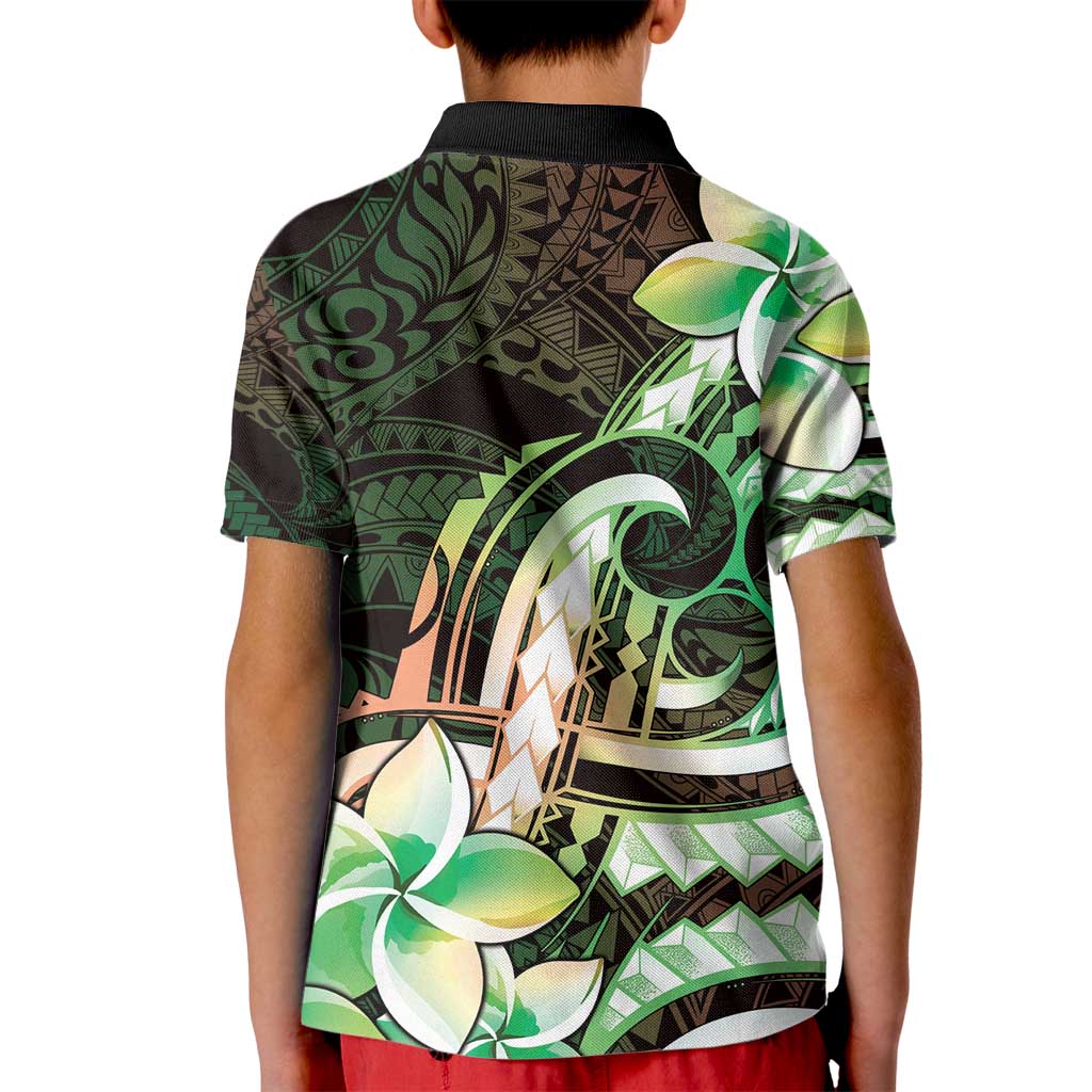 Polynesian Art Tattoo Kid Polo Shirt Plumeria Flowers Green Gradient