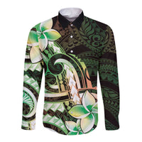 Polynesian Art Tattoo Long Sleeve Button Shirt Plumeria Flowers Green Gradient