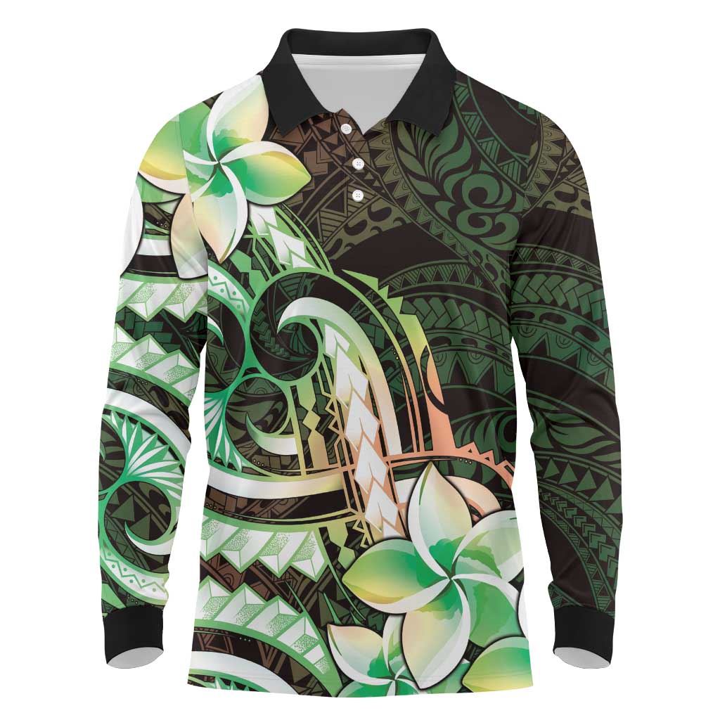 Polynesian Art Tattoo Long Sleeve Polo Shirt Plumeria Flowers Green Gradient