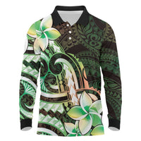 Polynesian Art Tattoo Long Sleeve Polo Shirt Plumeria Flowers Green Gradient