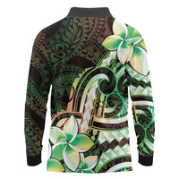 Polynesian Art Tattoo Long Sleeve Polo Shirt Plumeria Flowers Green Gradient