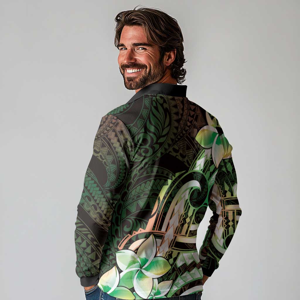 Polynesian Art Tattoo Long Sleeve Polo Shirt Plumeria Flowers Green Gradient