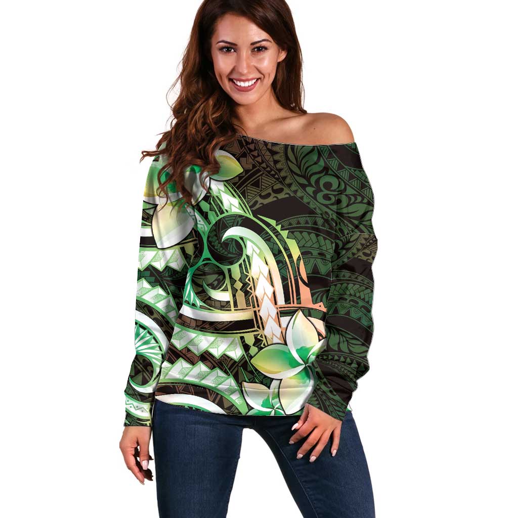 Polynesian Art Tattoo Off Shoulder Sweater Plumeria Flowers Green Gradient LT05 Women Green - Polynesian Pride