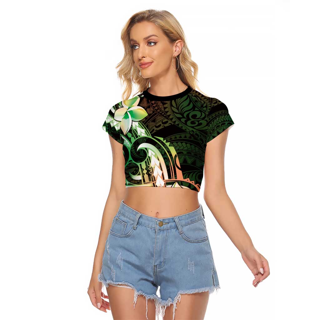 Polynesian Art Tattoo Raglan Cropped T Shirt Plumeria Flowers Green Gradient