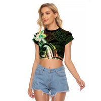 Polynesian Art Tattoo Raglan Cropped T Shirt Plumeria Flowers Green Gradient