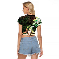 Polynesian Art Tattoo Raglan Cropped T Shirt Plumeria Flowers Green Gradient