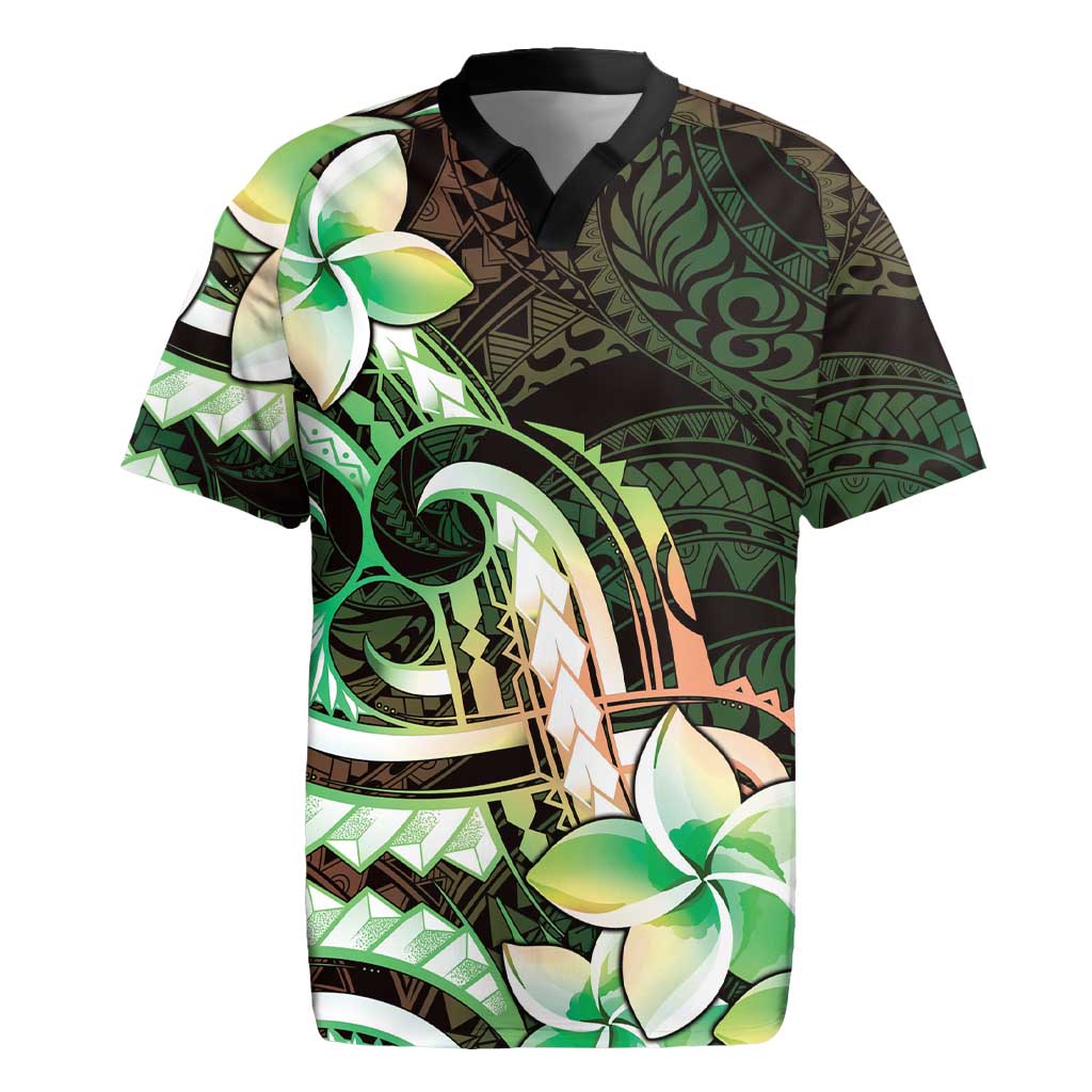Polynesian Art Tattoo Rugby Jersey Plumeria Flowers Green Gradient LT05 Green - Polynesian Pride