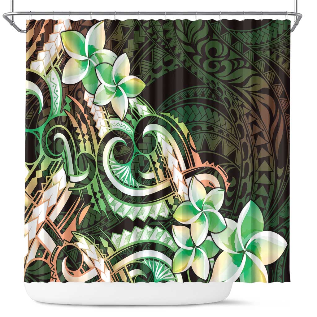 Polynesian Art Tattoo Shower Curtain Plumeria Flowers Green Gradient LT05 Green - Polynesian Pride