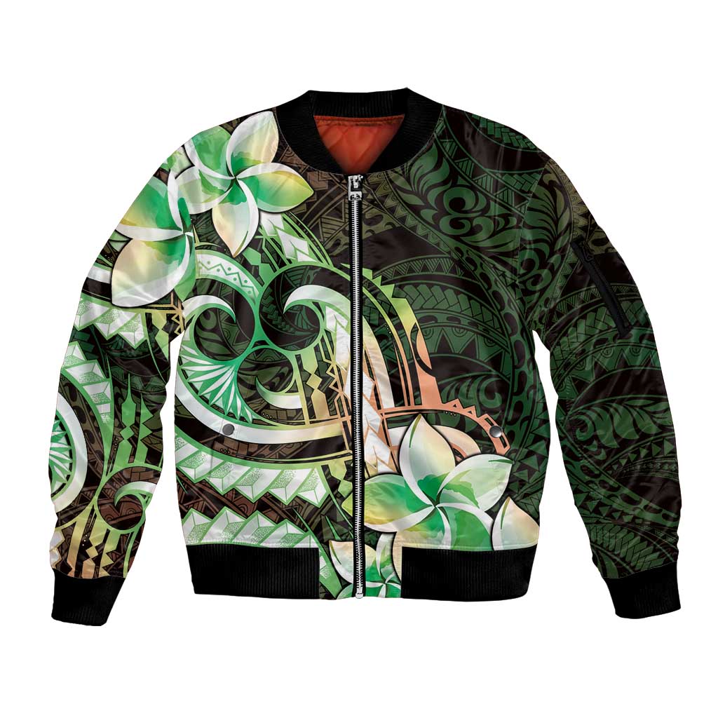 Polynesian Art Tattoo Sleeve Zip Bomber Jacket Plumeria Flowers Green Gradient LT05 Unisex Green - Polynesian Pride