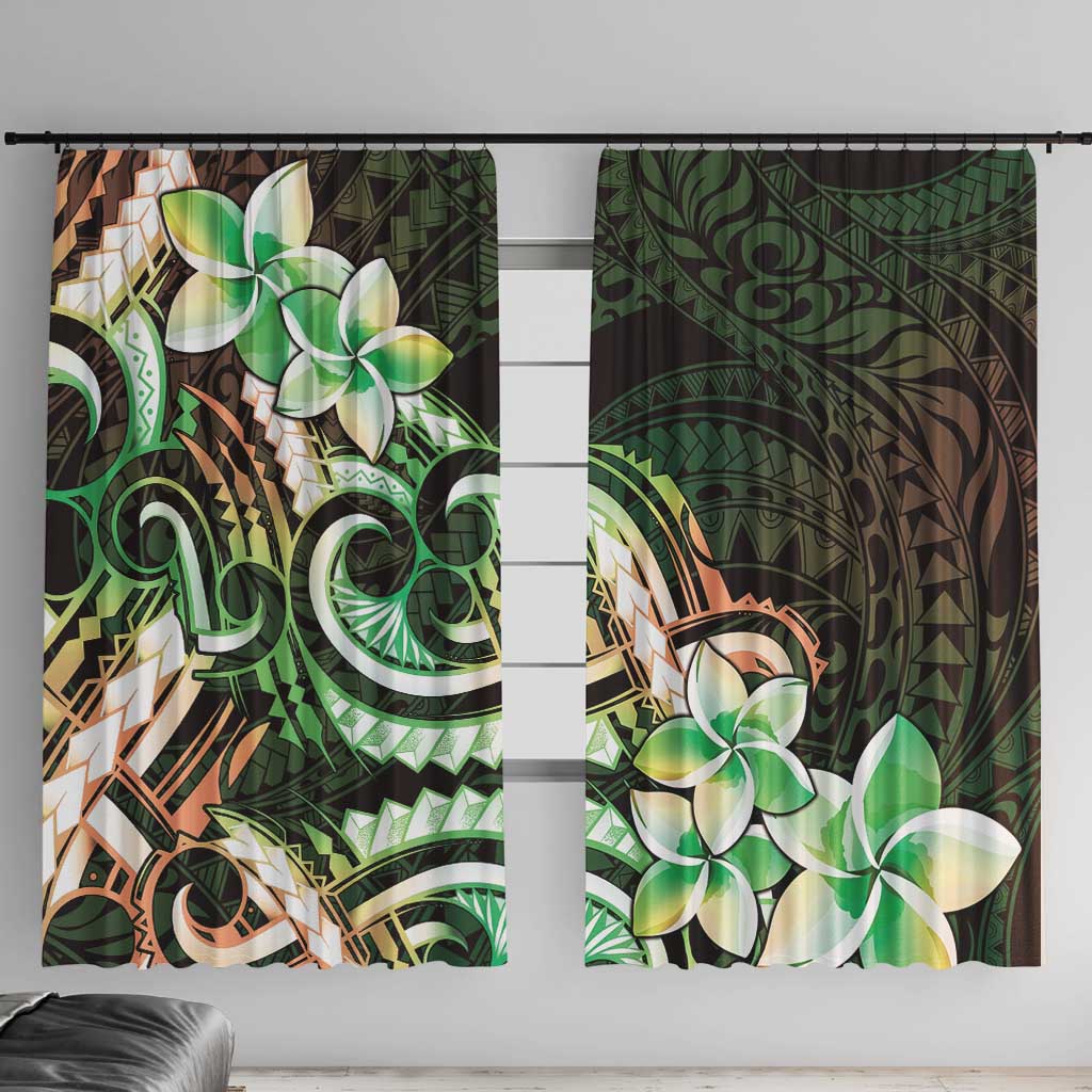 Polynesian Art Tattoo Window Curtain Plumeria Flowers Green Gradient LT05 With Hooks Green - Polynesian Pride