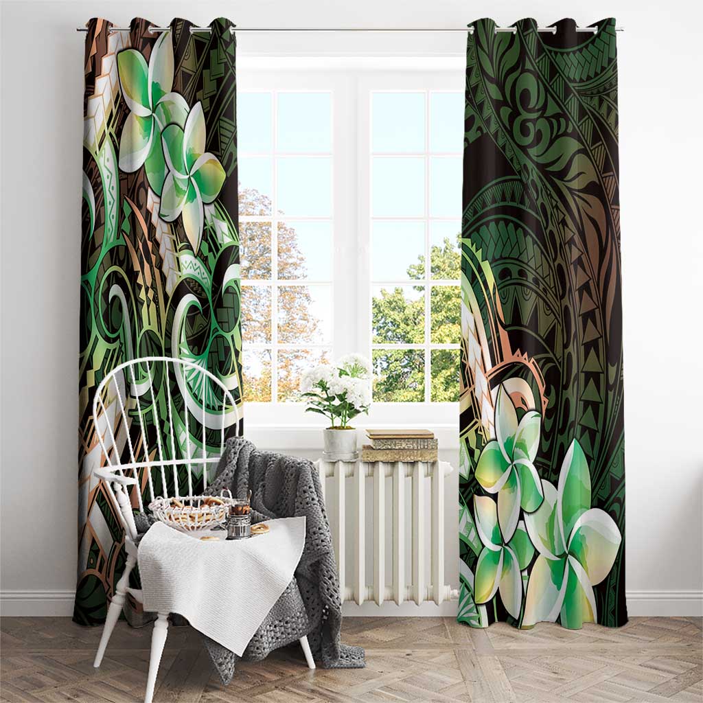 Polynesian Art Tattoo Window Curtain Plumeria Flowers Green Gradient
