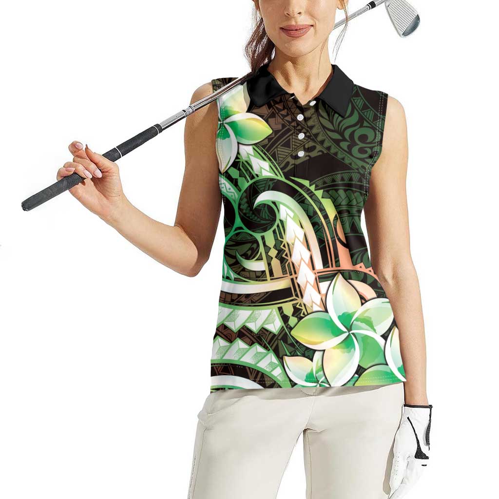 Polynesian Art Tattoo Women Sleeveless Polo Shirt Plumeria Flowers Green Gradient