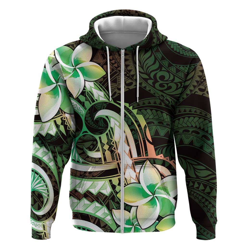 Polynesian Art Tattoo Zip Hoodie Plumeria Flowers Green Gradient LT05 Zip Hoodie Green - Polynesian Pride