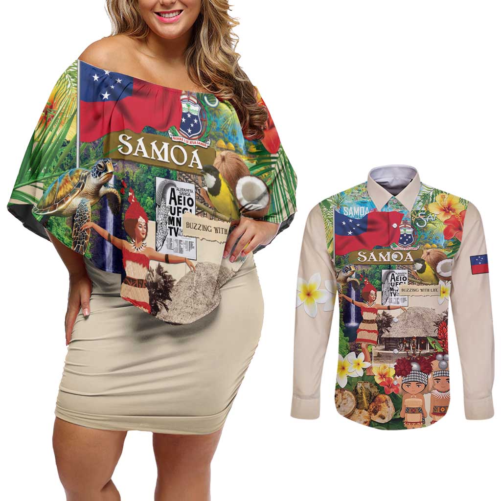 Samoa Culture Couples Matching Off Shoulder Short Dress and Long Sleeve Button Shirt Embracing The Spirit