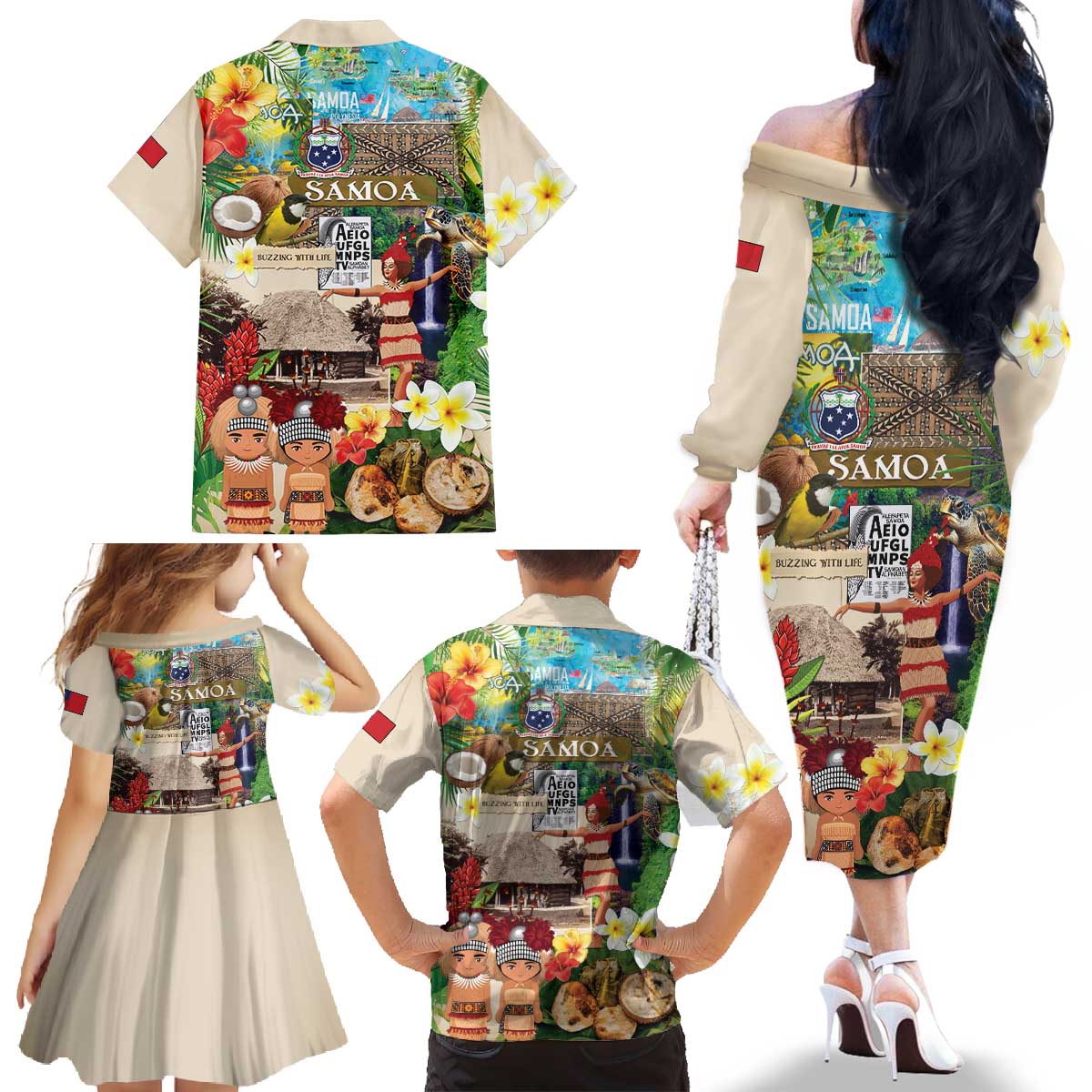 Samoa Culture Family Matching Off The Shoulder Long Sleeve Dress and Hawaiian Shirt Embracing The Spirit LT05 - Polynesian Pride