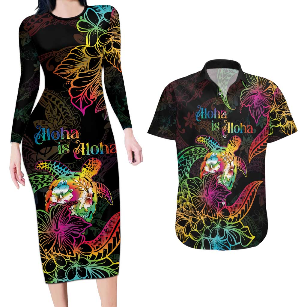 Hawaii Pride Couples Matching Long Sleeve Bodycon Dress and Hawaiian Shirt Aloha Is Aloha LT05 Colorful - Polynesian Pride