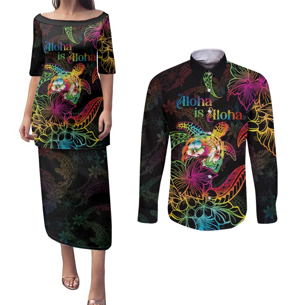 Hawaii Pride Couples Matching Puletasi and Long Sleeve Button Shirt Aloha Is Aloha