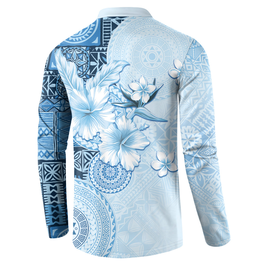 Hawaii Tapa Pattern With Blue Hibiscus Button Sweatshirt