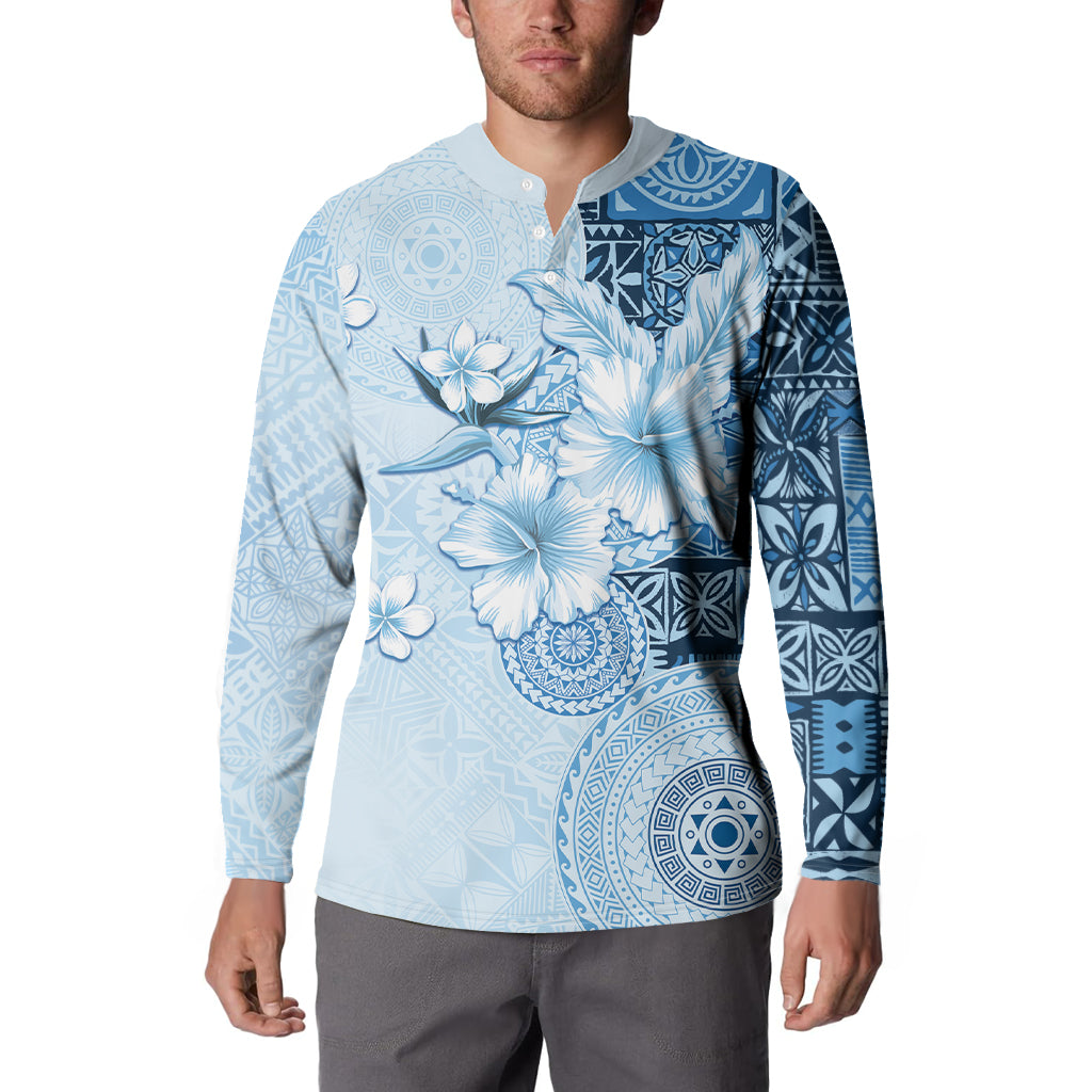 Hawaii Tapa Pattern With Blue Hibiscus Button Sweatshirt