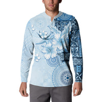 Hawaii Tapa Pattern With Blue Hibiscus Button Sweatshirt
