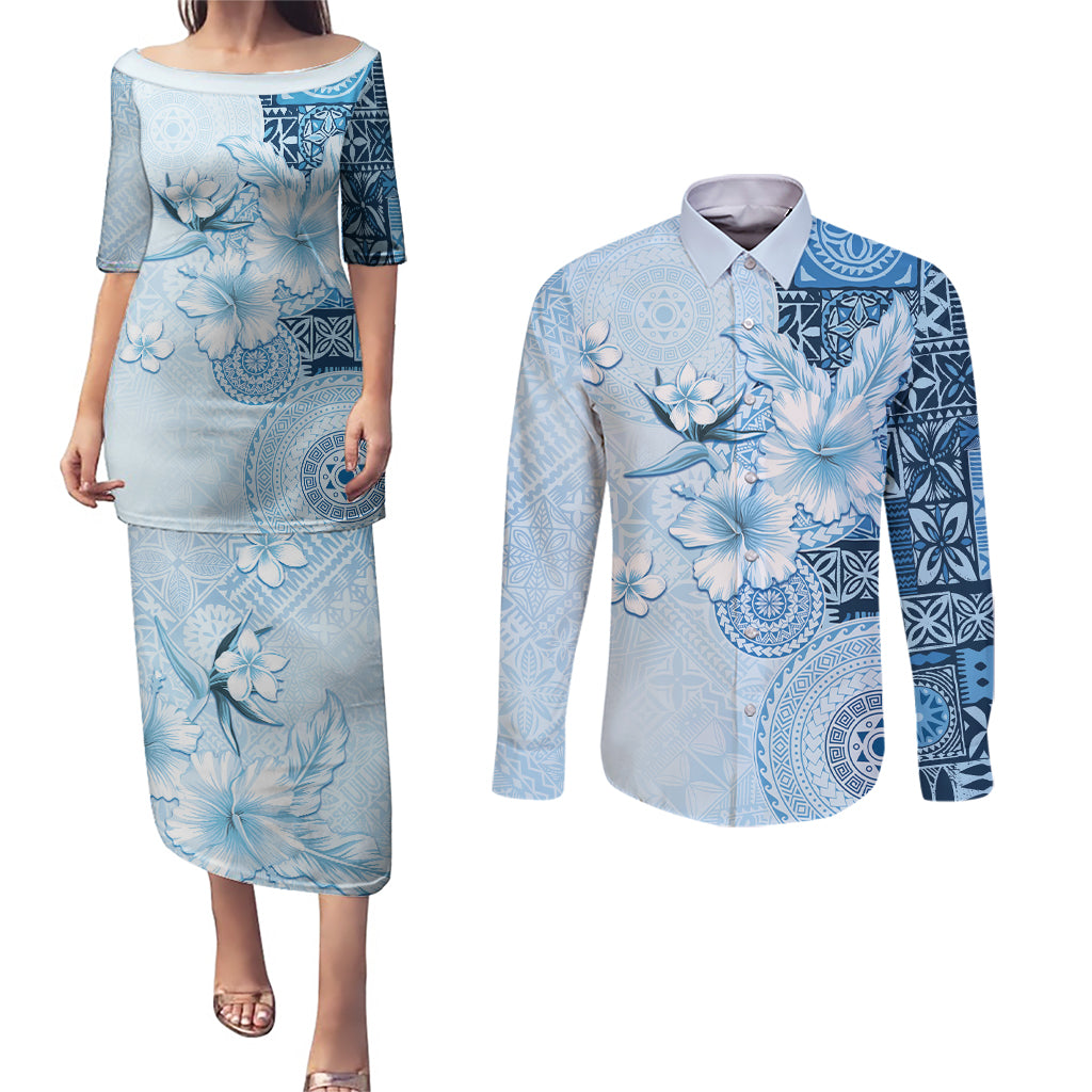 Hawaii Tapa Pattern With Blue Hibiscus Couples Matching Puletasi and Long Sleeve Button Shirt