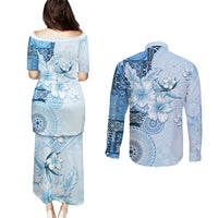 Hawaii Tapa Pattern With Blue Hibiscus Couples Matching Puletasi and Long Sleeve Button Shirt