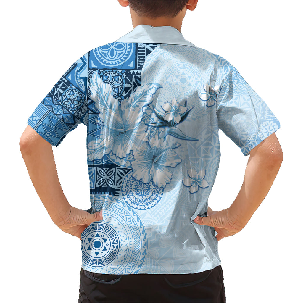 Hawaii Tapa Pattern With Blue Hibiscus Family Matching Short Sleeve Bodycon Dress and Hawaiian Shirt LT05 - Polynesian Pride