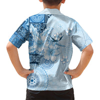 Hawaii Tapa Pattern With Blue Hibiscus Family Matching Short Sleeve Bodycon Dress and Hawaiian Shirt LT05 - Polynesian Pride