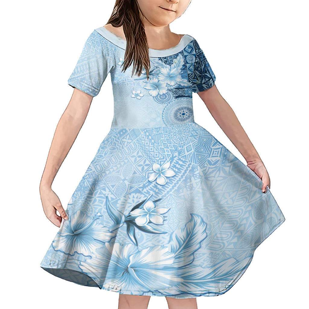 Hawaii Tapa Pattern With Blue Hibiscus Family Matching Short Sleeve Bodycon Dress and Hawaiian Shirt LT05 Daughter's Dress Blue - Polynesian Pride