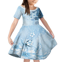 Hawaii Tapa Pattern With Blue Hibiscus Family Matching Short Sleeve Bodycon Dress and Hawaiian Shirt LT05 Daughter's Dress Blue - Polynesian Pride