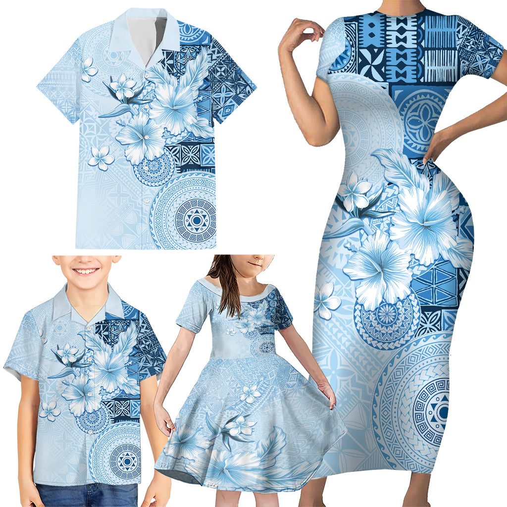 Hawaii Tapa Pattern With Blue Hibiscus Family Matching Short Sleeve Bodycon Dress and Hawaiian Shirt LT05 - Polynesian Pride