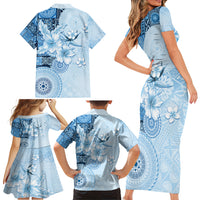 Hawaii Tapa Pattern With Blue Hibiscus Family Matching Short Sleeve Bodycon Dress and Hawaiian Shirt LT05 - Polynesian Pride
