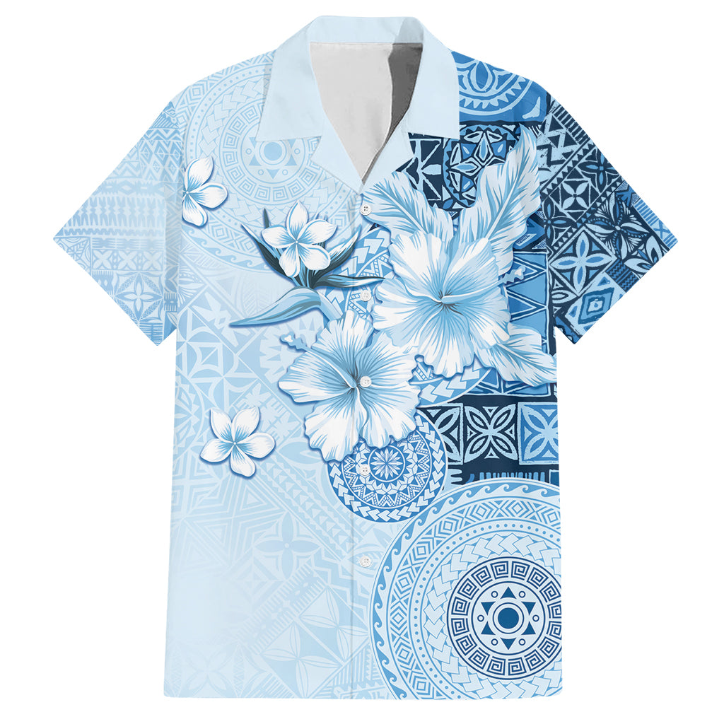 Hawaii Tapa Pattern With Blue Hibiscus Family Matching Short Sleeve Bodycon Dress and Hawaiian Shirt LT05 Dad's Shirt - Short Sleeve Blue - Polynesian Pride