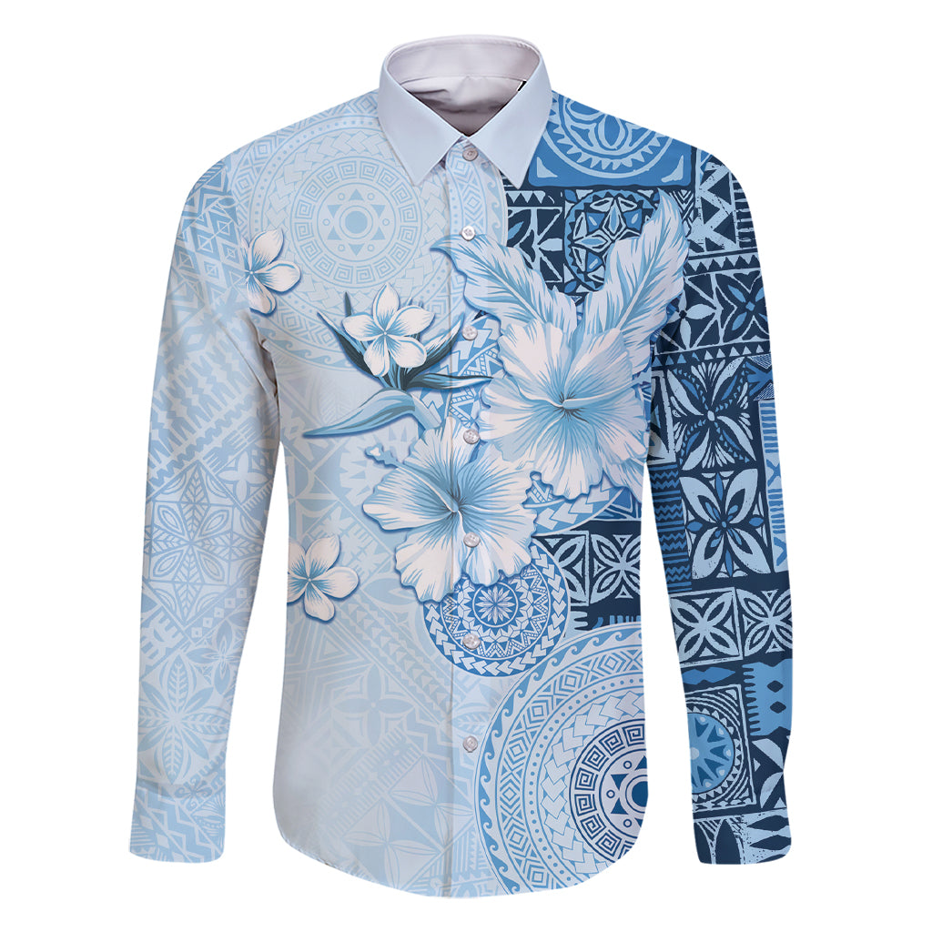 Hawaii Tapa Pattern With Blue Hibiscus Family Matching Short Sleeve Bodycon Dress and Hawaiian Shirt LT05 Dad's Shirt - Long Sleeve Blue - Polynesian Pride