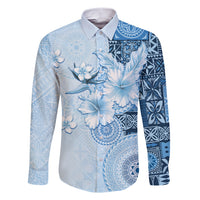 Hawaii Tapa Pattern With Blue Hibiscus Family Matching Short Sleeve Bodycon Dress and Hawaiian Shirt LT05 Dad's Shirt - Long Sleeve Blue - Polynesian Pride