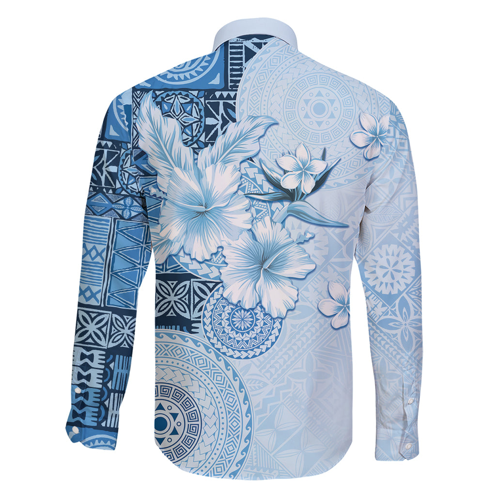 Hawaii Tapa Pattern With Blue Hibiscus Family Matching Short Sleeve Bodycon Dress and Hawaiian Shirt LT05 - Polynesian Pride