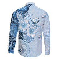Hawaii Tapa Pattern With Blue Hibiscus Family Matching Short Sleeve Bodycon Dress and Hawaiian Shirt LT05 - Polynesian Pride