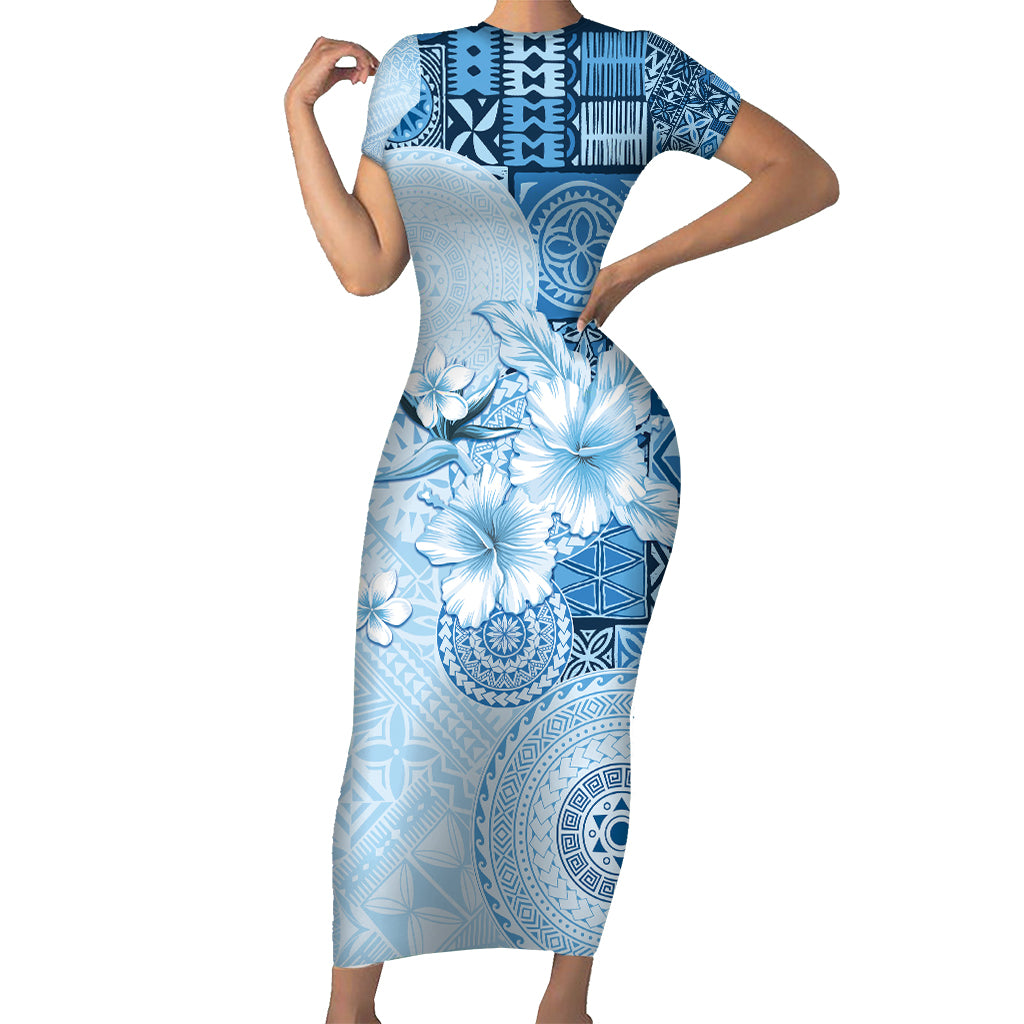 Hawaii Tapa Pattern With Blue Hibiscus Family Matching Short Sleeve Bodycon Dress and Hawaiian Shirt LT05 Mom's Dress Blue - Polynesian Pride