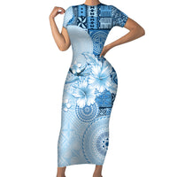 Hawaii Tapa Pattern With Blue Hibiscus Family Matching Short Sleeve Bodycon Dress and Hawaiian Shirt LT05 Mom's Dress Blue - Polynesian Pride