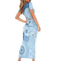 Hawaii Tapa Pattern With Blue Hibiscus Family Matching Short Sleeve Bodycon Dress and Hawaiian Shirt LT05 - Polynesian Pride