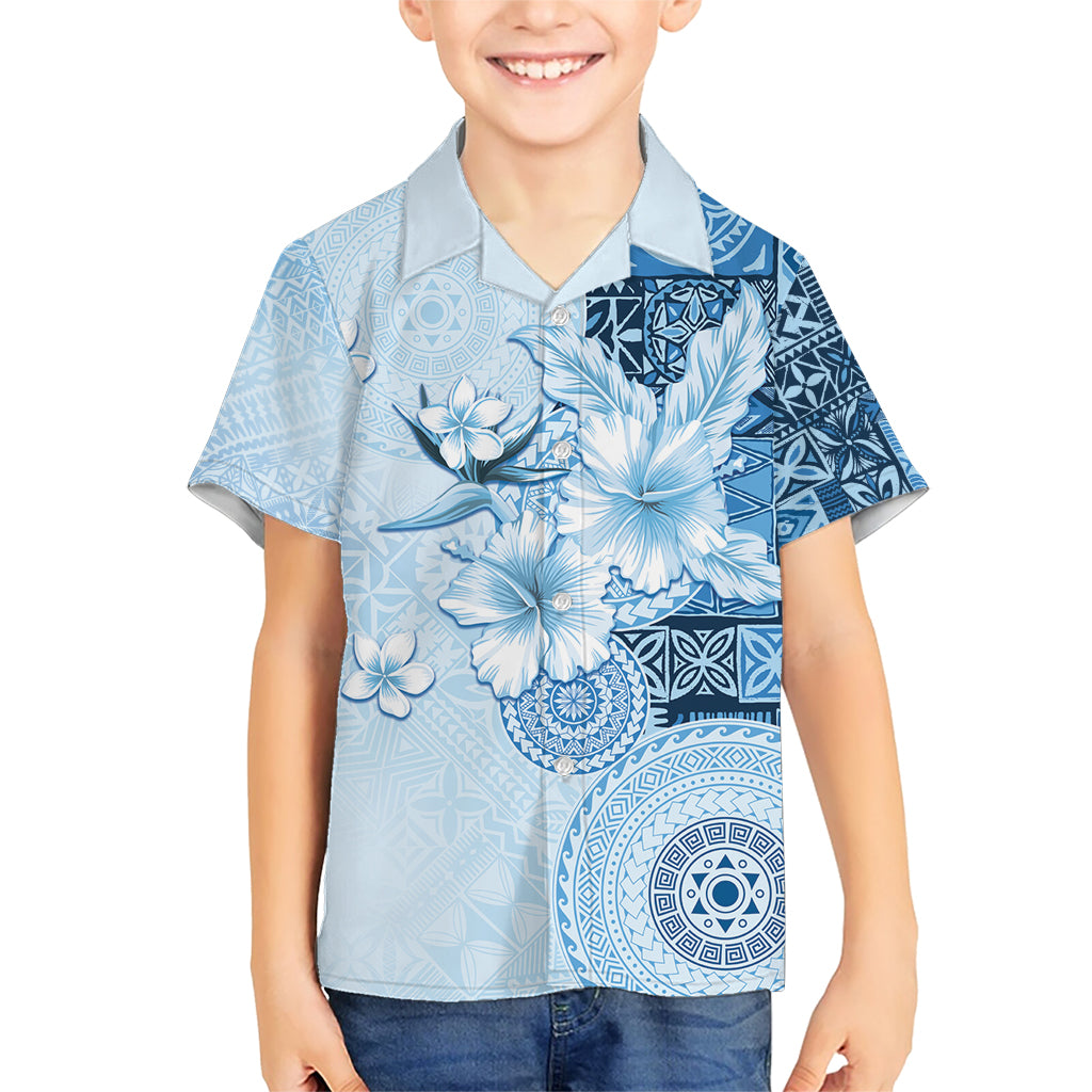 Hawaii Tapa Pattern With Blue Hibiscus Family Matching Short Sleeve Bodycon Dress and Hawaiian Shirt LT05 Son's Shirt Blue - Polynesian Pride