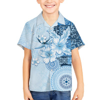Hawaii Tapa Pattern With Blue Hibiscus Family Matching Short Sleeve Bodycon Dress and Hawaiian Shirt LT05 Son's Shirt Blue - Polynesian Pride