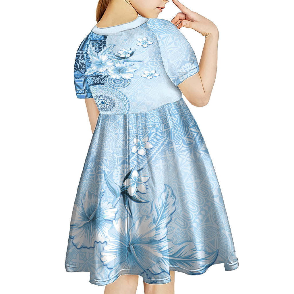 Hawaii Tapa Pattern With Blue Hibiscus Kid Short Sleeve Dress LT05 - Polynesian Pride