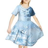 Hawaii Tapa Pattern With Blue Hibiscus Kid Short Sleeve Dress LT05 - Polynesian Pride